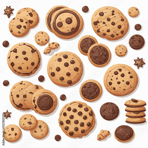 dessert, cookie, food, biscuit, sweet, bakery, background, chocolate, delicious, snack, homemade, brown, isolated, candy, pastry, cake, bake, chip, tasty, breakfast, fresh, treat, closeup, sugar, vect
