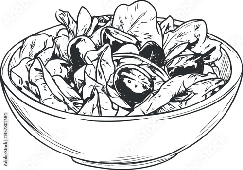 Black and white illustration of a fresh vegetable salad in a bowl.