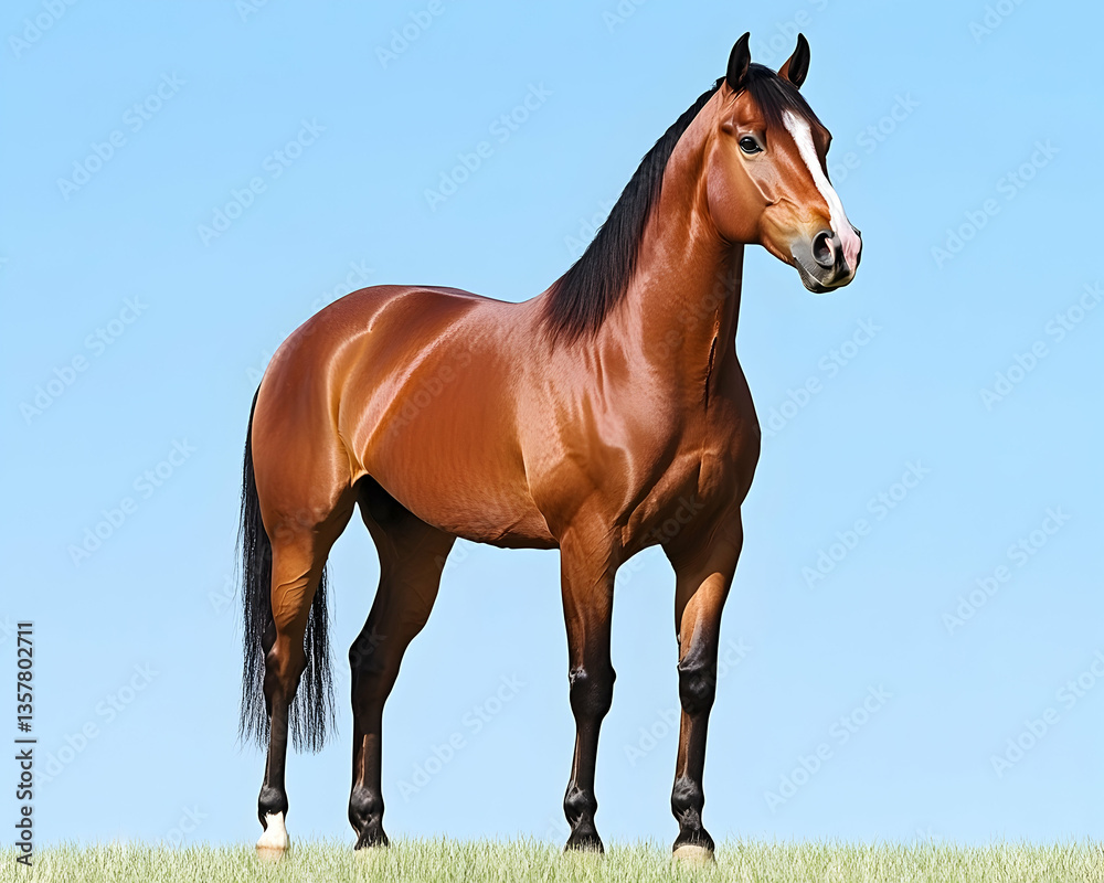Chestnut horse standing in a field against a clear blue sky Chestnut horse standing in a field against a clear blue sky