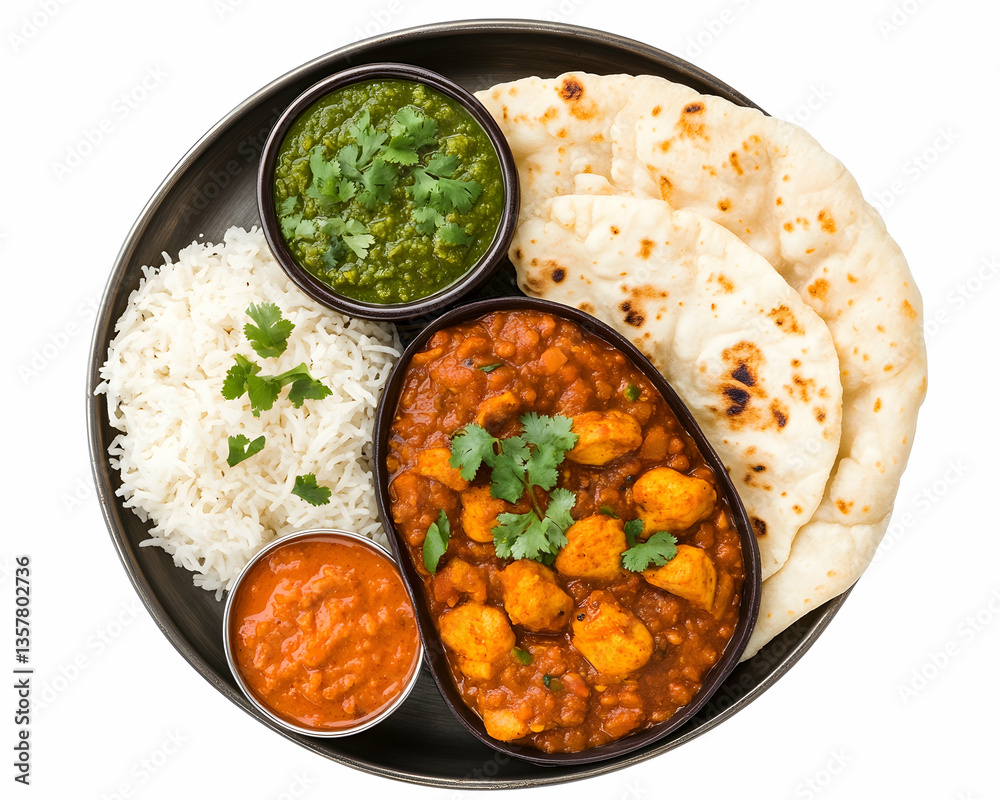 Chicken curry, rice, naan bread, and sauces Chicken curry, rice, naan bread, and sauces