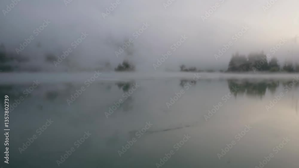 Low fog rolling over calm lake surface during dawn, revealing mystical landscape with soft light reflecting trees and creating serene, dreamy atmosphere with misty woodland horizon Low fog rolling over calm lake surface during dawn, revealing mystical landscape with soft light reflecting trees and creating serene, dreamy atmosphere with misty woodland horizon