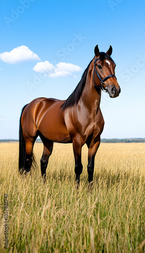Chestnut horse standing in a golden wheat field under a clear blue sky