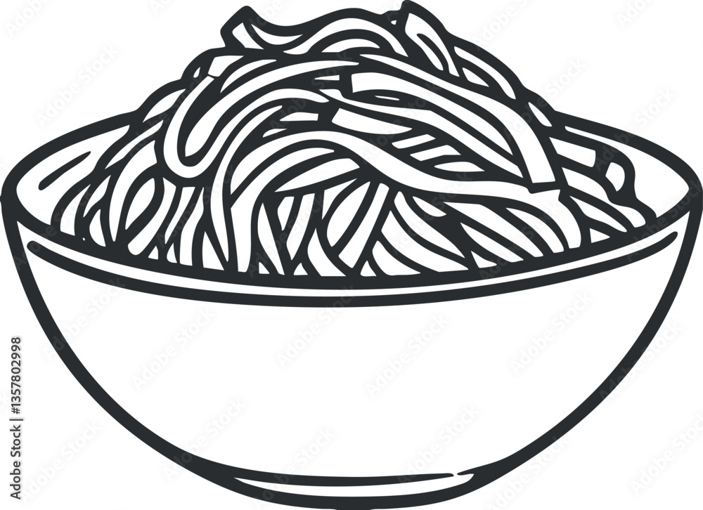 Black and white line art illustration of a bowl of noodles. Black and white line art illustration of a bowl of noodles.