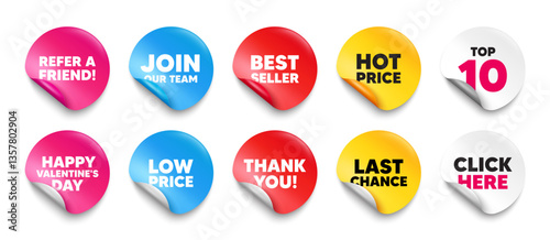 Refer friend sticker tag. Top 10, Best seller, Hot price banners. Refer a friend tag. Referral program sign. Advertising reference symbol. Join our team sticker. Vector