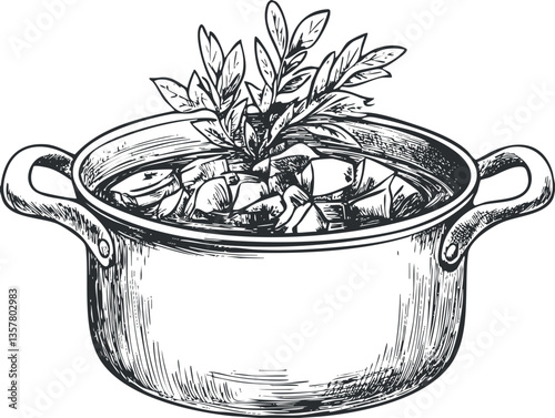 Black and white illustration of a cooking pot with herbs and ingredients.