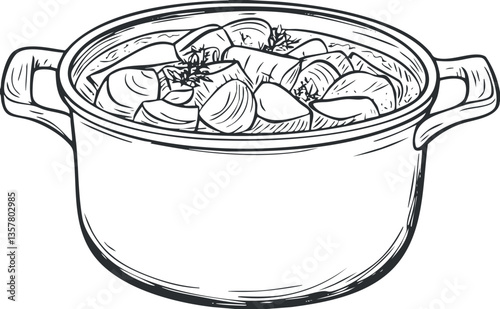 Illustration of a pot filled with soup or stew ingredients.