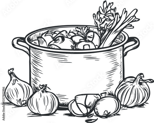 Black and white illustration of a cooking pot with vegetables.