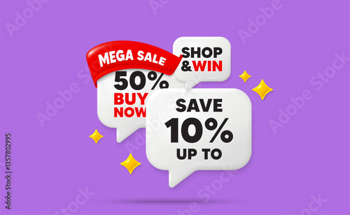 Discount speech bubbles. Mega sale flag ribbon. Save up to 10 percent. Discount Sale offer price sign. Special offer symbol. Discount chat bubbles with 3d sparkles. Vector