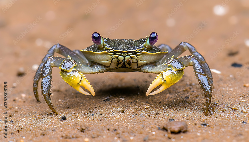 Close-up of a small crab facing the camera on sandy ground Close-up of a small crab facing the camera on sandy ground