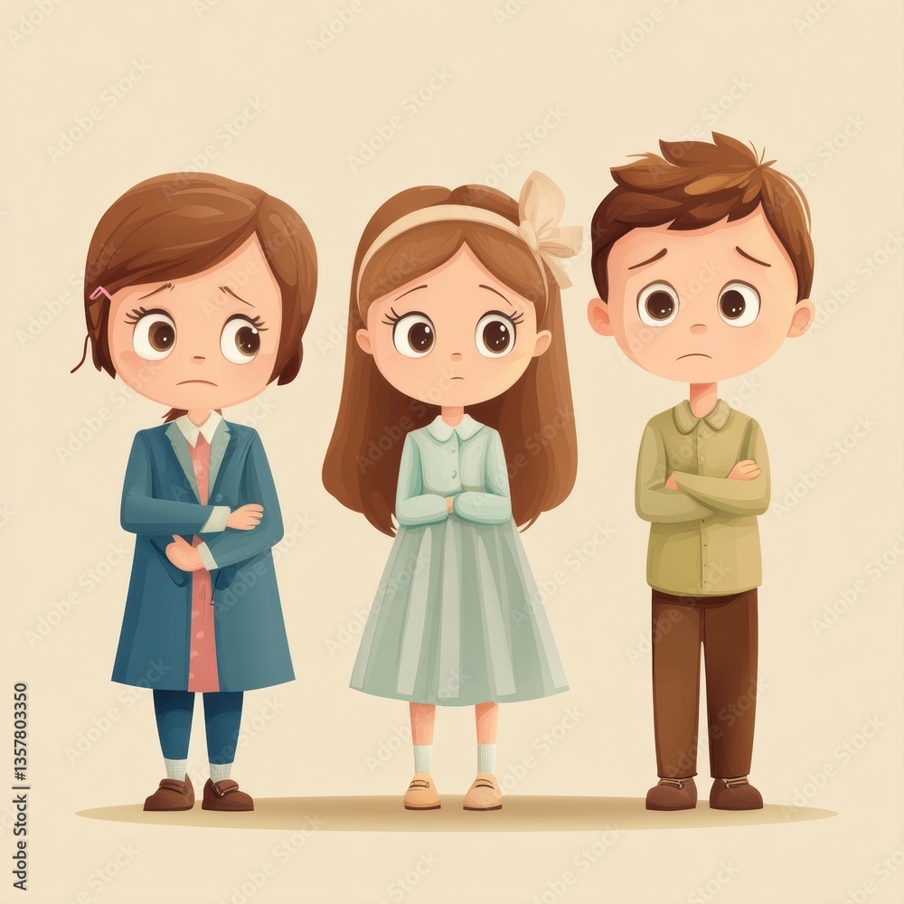 Three cartoon children with concerned expressions stand together, showcasing emotions that can be used in projects about childhood, feelings, or social issues, Three cartoon children with concerned expressions stand together, showcasing emotions that can be used in projects about childhood, feelings, or social issues,