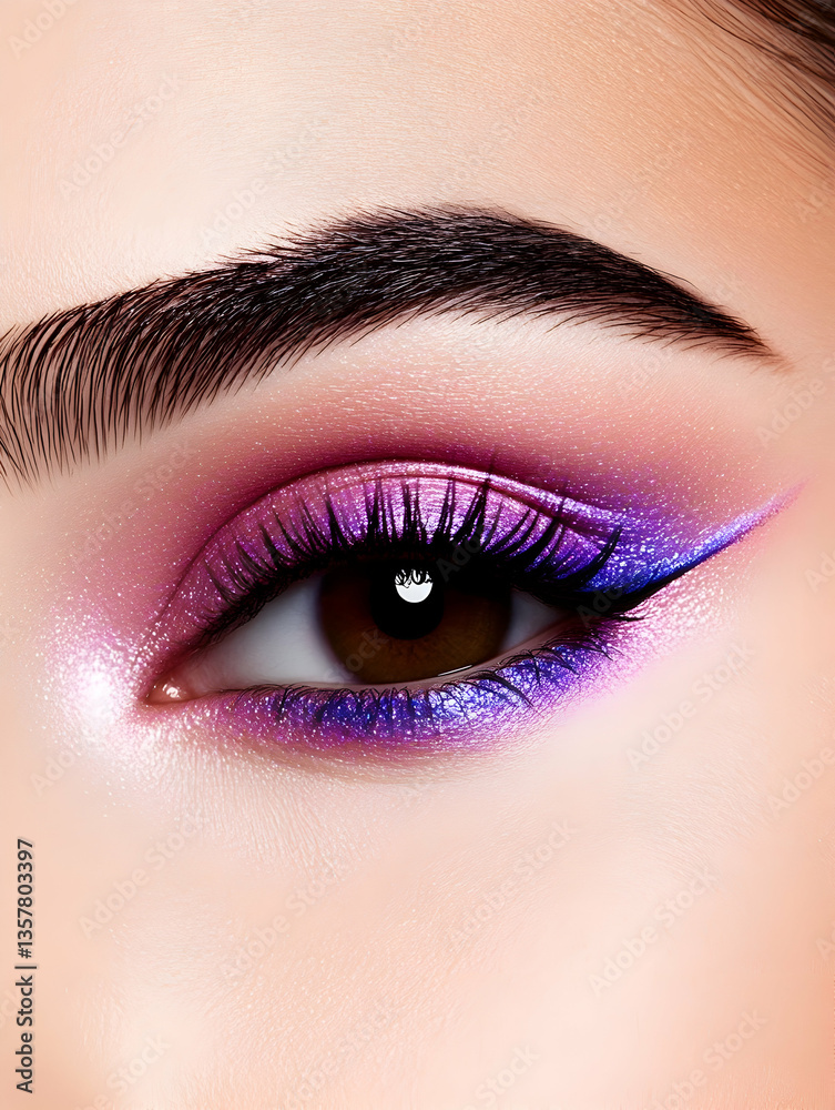 Obraz premium Close-up of a woman's eye with pink and purple eyeshadow and eyeliner