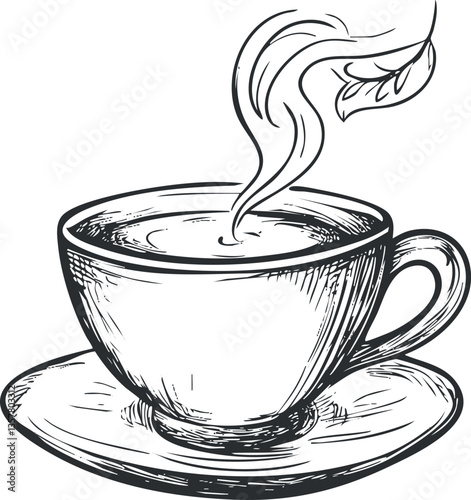Artistic sketch of a steaming hot beverage in a cup with saucer.