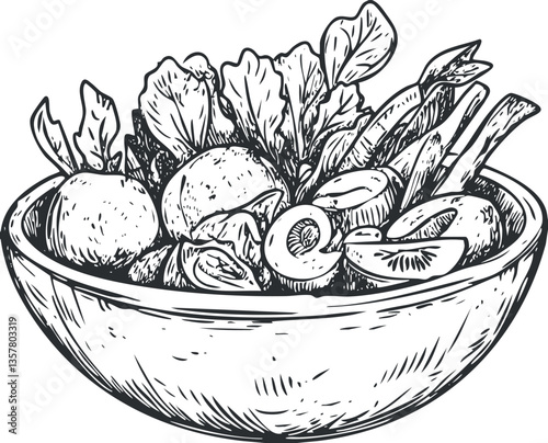 Hand-drawn illustration of a vegetable salad in a bowl.
