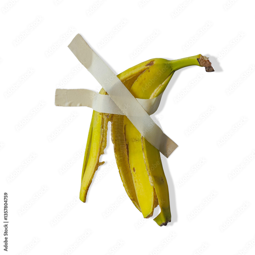 Banana peel duct taped with tape to the white wall.