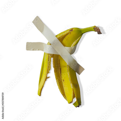 Obraz na płótnie Banana peel duct taped with tape to the white wall. w salonie