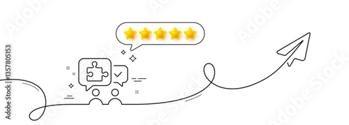 Puzzle line icon. Continuous line with share plane. Jigsaw piece with chat bubbles sign. Business challenge symbol. Five star rate review in speech bubble. Puzzle single line ribbon. Vector