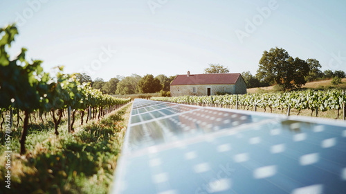 In the heart of a French vineyard, rows of blue solar panels stretch across the landscape, blending modern technology with traditional winemaking