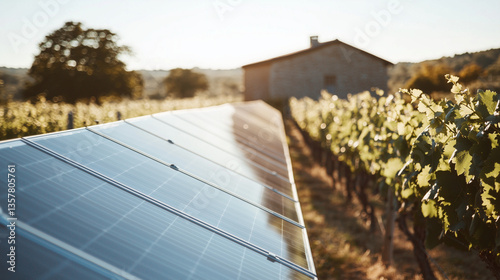 In the heart of a French vineyard, rows of blue solar panels stretch across the landscape, blending modern technology with traditional winemaking