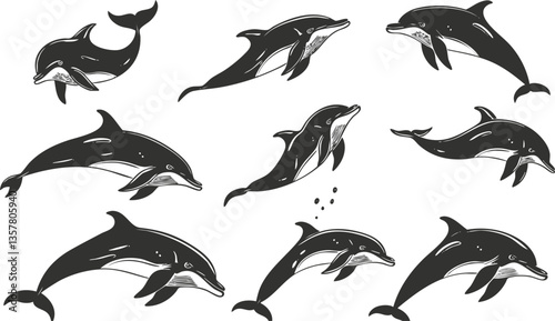 Vector illustration of jumping dolphins in black and white silhouette.