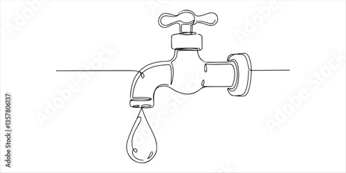 A single continuous line drawing depicts a water drop falling from a tap, serving as a powerful metaphor. It represents the global concern over water scarcity and the threat of drought due.