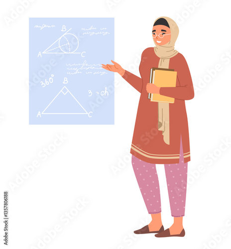 A contemporary Muslim woman stands confidently in a classroom, presenting geometric concepts using a diagram. She holds books and engages students with her thoughtful explanation.