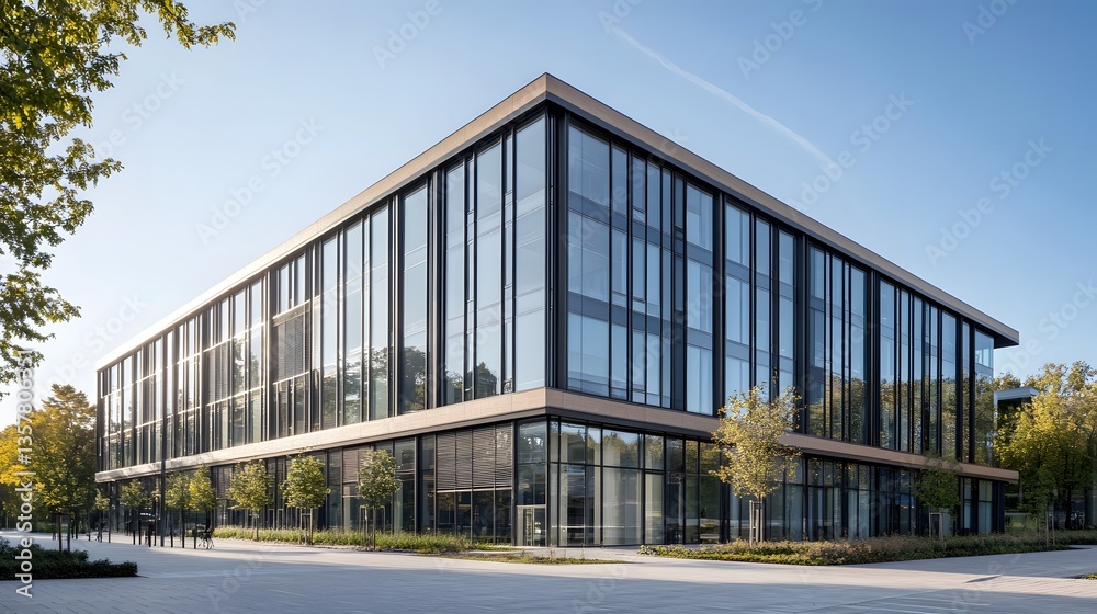 Obraz premium Modern Architectural Marvel: A stunning modern office building, with its sleek glass facade reflecting the clear blue sky, stands as a testament to innovative design and urban development.