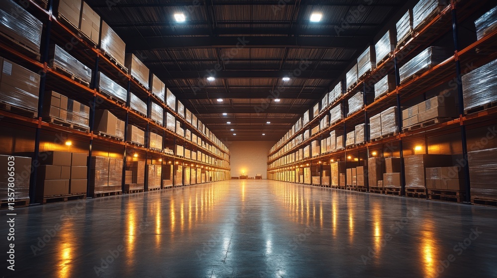 Fototapeta premium Large logistics facility featuring high shelves filled with boxes and pallets. The space is well lit, indicating a focus on efficient inventory management and storage solutions.