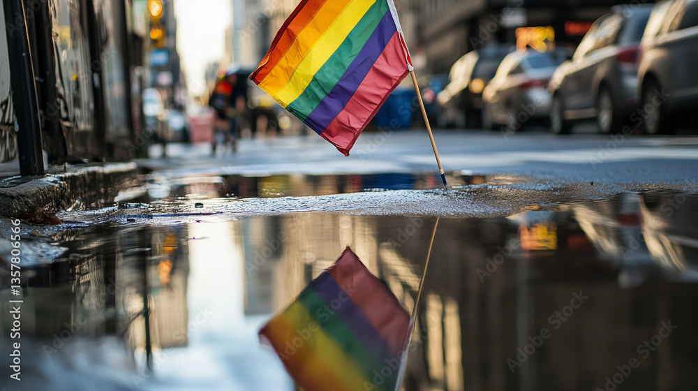 Obraz premium Rainbow flag on wet city street with reflection in puddle 