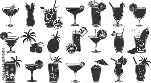 Silhouette illustrations of various tropical cocktails in decorative glasses.