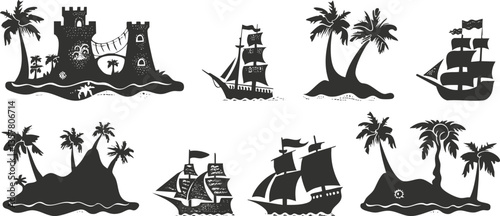 Silhouettes of pirate ships and islands with castles and palms.