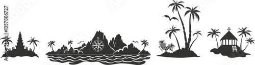 Silhouette of tropical islands with palm trees and ocean waves.