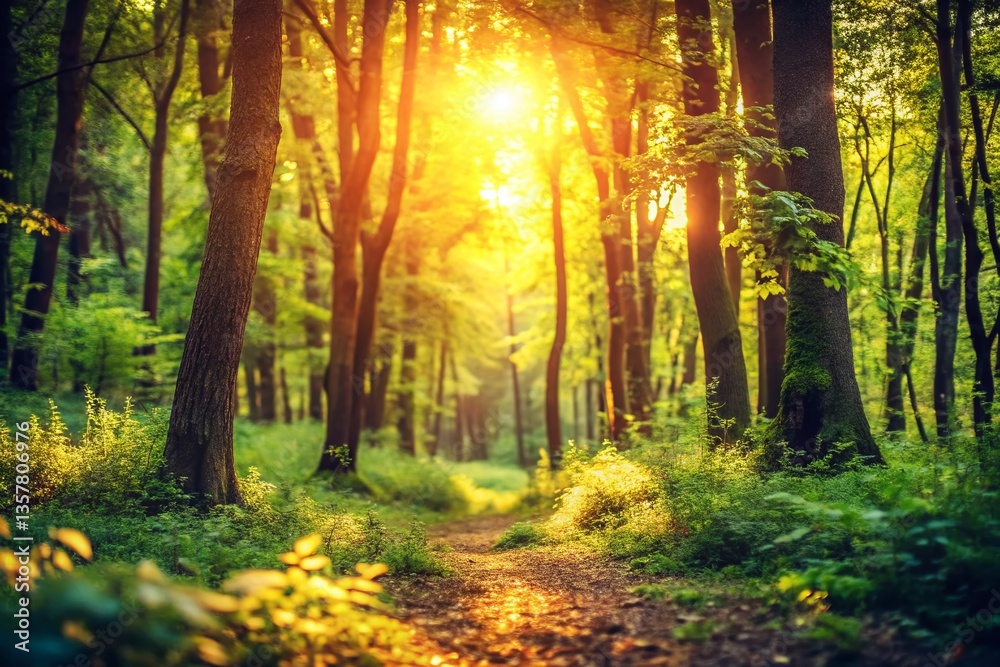 Fototapeta premium Vintage Style Nature Photography: Serene Forest Scene with Sunlight