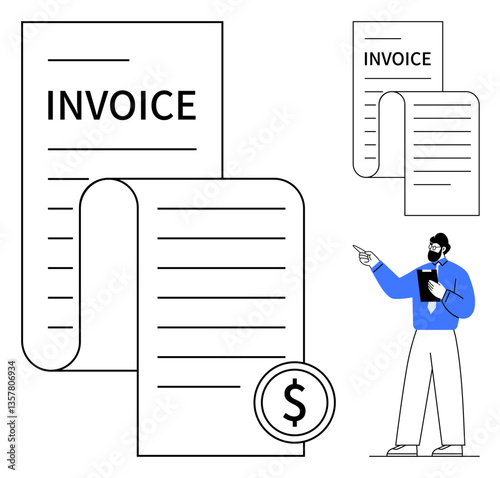 Large invoice sheets with dollar symbol imply finances, billing, and payment. Person in formals holding a clipboard suggests tracking or management. Ideal for finance, accounting, business, billing