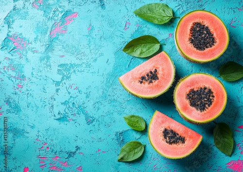 Fresh sliced papaya with green leaves on turquoise surface as vibrant food wallpaper showing tropical nutrition summer fruit wellness and healthy culinary lifestyle concept