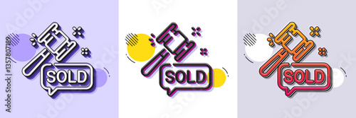 Auction hammer line icon. Halftone dotted pattern. Gradient icon with grain shadow. Bid offer sign. Lot was sold symbol. Line auction hammer icon. Various designs. Vector