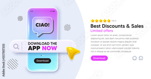 Ciao mobile phone banner. App chat speech bubble. Ciao welcome tag. Hello invitation offer. Formal greetings message. Phone template with search bar. Download the app now. Vector