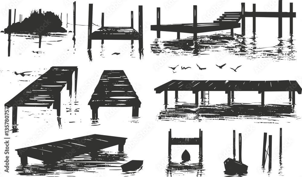 Silhouette of various docks and piers over water with birds.