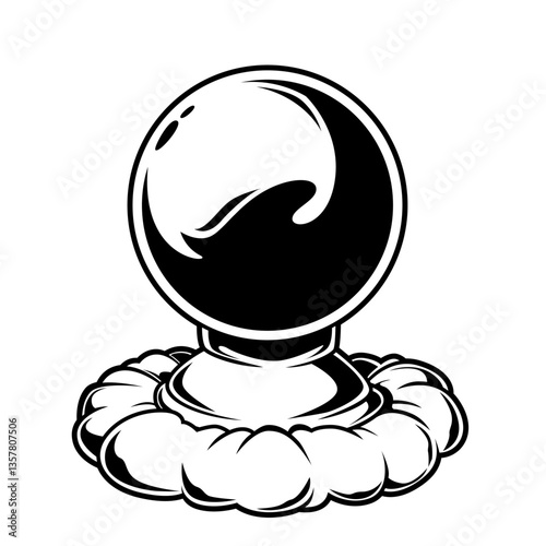 Schwarz-weiße Darstellung einer Kristallkugel auf einem weichen Kissen. Perfekt für Wahrsagerei, Magie, Mystik, Esoterik, Ausmalbilder oder Fantasy-Designs.