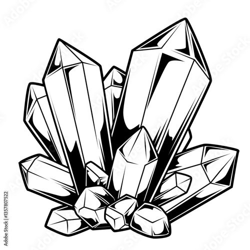 Schwarz-weiße Darstellung eines Kristall-Clusters. Ideal für Magie, Edelsteine, Esoterik, Ausmalbilder, Fantasy, Deko, Geologie oder spirituelle Symbole.