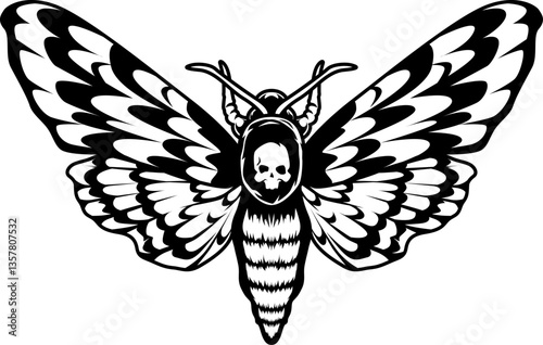 Schwarz-weiße Darstellung eines Totenkopfschwärmers mit Schädelmuster auf dem Rücken. Ideal für Gothic, Symbolik, Tattoos, Horror, Ausmalbilder oder mystische Motive.