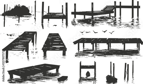 Silhouette of various docks and piers over water with birds.