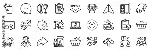 Washing hands, Communication and Laptop repair line icons pack. Share, Message, Paper plane icons. Timer, Airplane travel, Global business web icon. Vector
