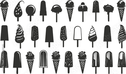 Silhouette collection of various ice cream cones and popsicles.