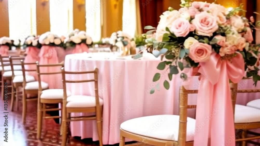 Elegant wedding decoration with pink roses and fabric drapery, luxury event interior design Elegant wedding decoration with pink roses and fabric drapery, luxury event interior design