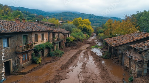A peaceful ancient hamlet disturbed by a sudden mudslide, nature's surprise in earth tones