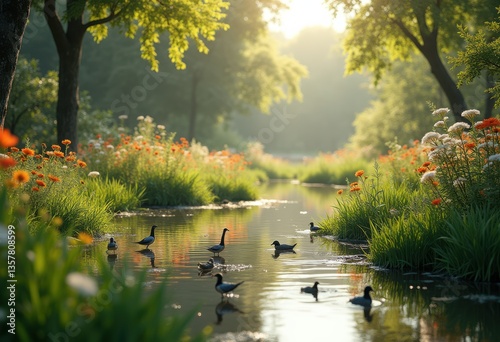 restored wetland habitat native flora fauna biodiversity marsh natural ecosystem wildlife serenity, water, pond, vegetation, grass, pollinator, insect, frog