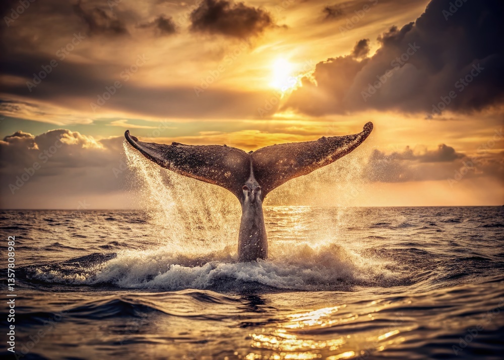 Fototapeta premium Vintage Whale Tail Splash: Retro Ocean Wildlife Photo