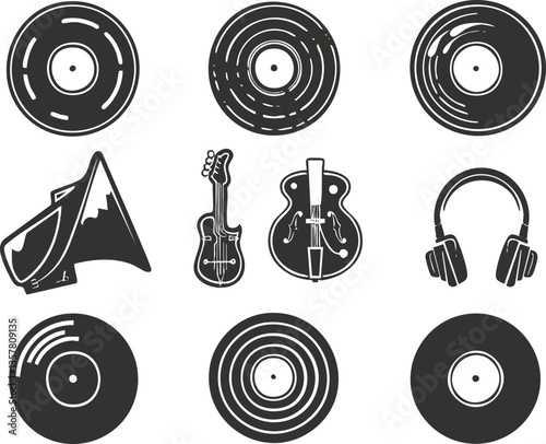 Black and white music icons including vinyl records and instruments.