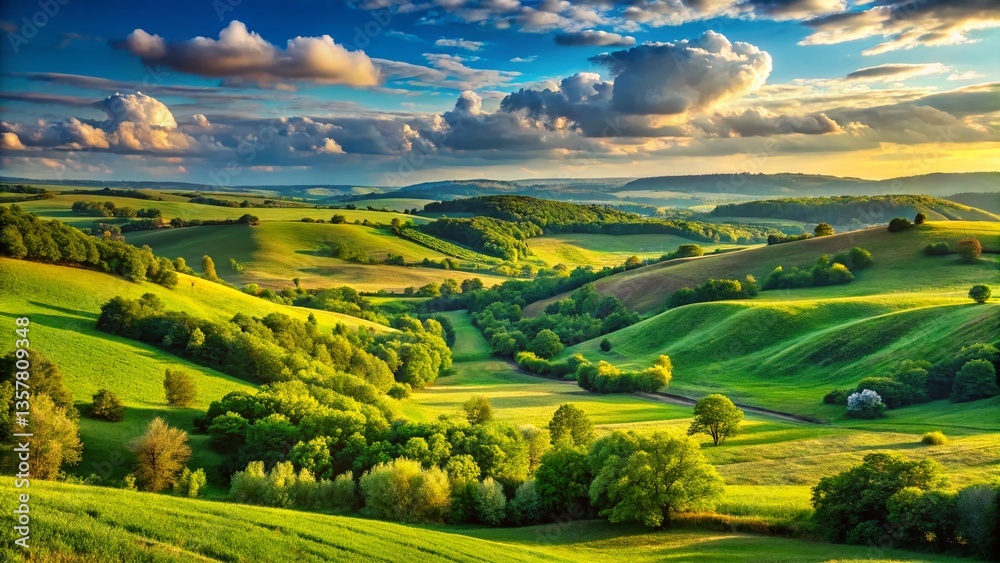 Fototapeta premium Volyn Region, Ukraine: Lush Green Fields and Rolling Hills - Scenic Countryside Stock Photo