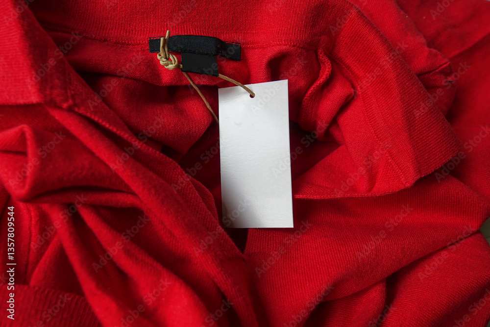 empty tag mockup hanging on a craftl loop on red fabric background